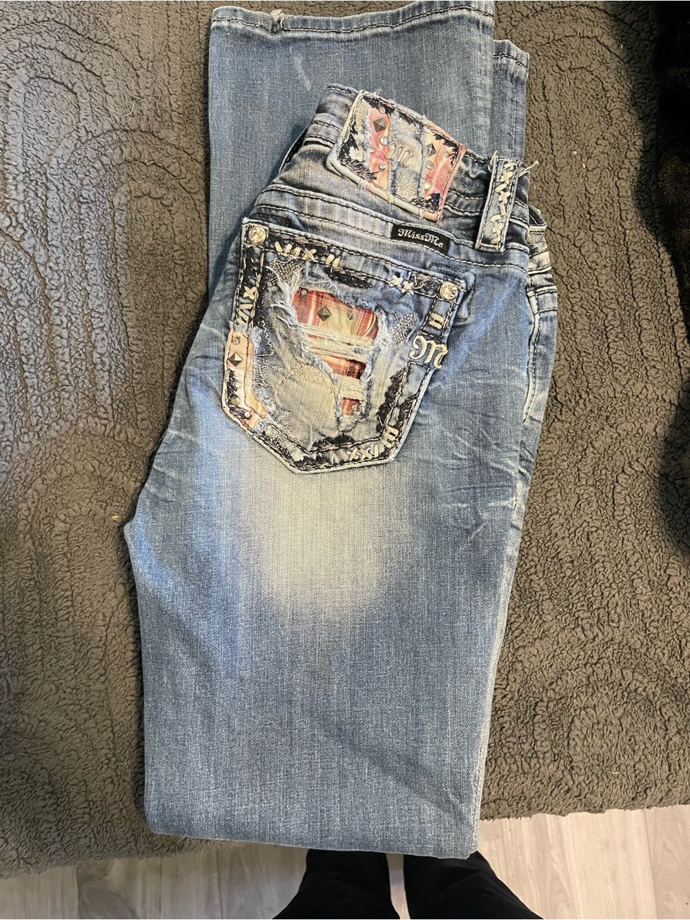 Miss Me Light Blue Bootcut Jeans with Embroidered Patch Pocket